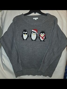 New York & Company Penguin Sweater Crewneck Sage Grn Christmas Holiday W Size S